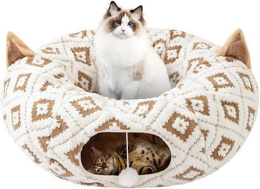 Cat Tunnel with Cat Bed for Indoor Cats, 3 in 1 Cat Donut Tunnel, Cute Cat Bed with Cushion Peephole and Cat Ear for Cats, Kittens, Rabbit, New Jacquard Pattern