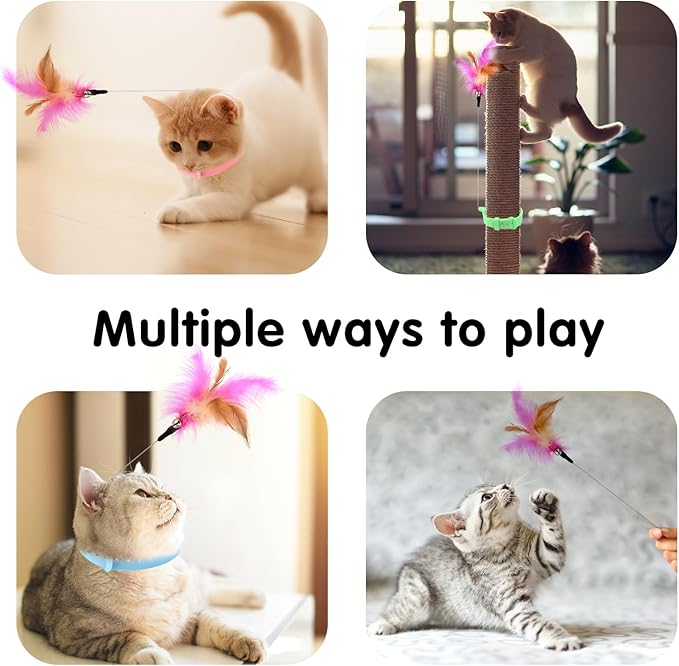 3PCS Cat Collar Teasing Wand, Cat Collar Toys, Silicone Adjustable Cat Feather Collar Toys with Bell Cat Interactive Teaser Toys for Indoor Cat Kittens Playing Exercise