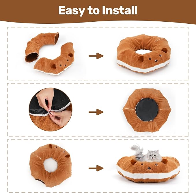 FUKUMARU Cat Tunnel Bed for Indoor Cats, Bagel Donuts Cat Tunnel Toys with Crinkle Paper Ears, Round Pet Play Tunnel Toy for Kitten and Rabbit, Cat Hideway Interactive Toys, Collapsible&Washable