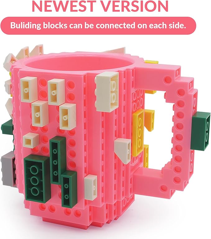 Build-on Brick Coffee Mug, Funny DIY Novelty Cup with Building Blocks Creative for Kids Men Women Xmas Birthday (Pink)
