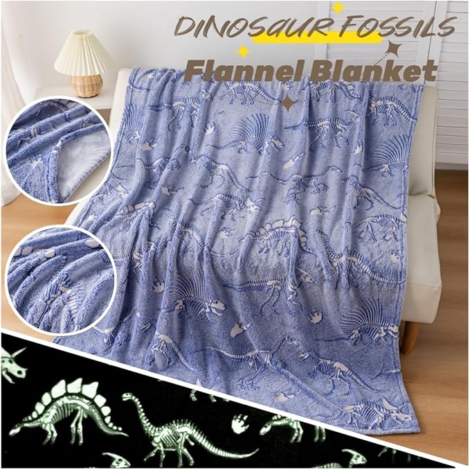 2025 Best Gift Dinosaur Gifts Toys for Kids Boys, Dinosaur Fossil Pattern Blanket Glow in The Dark Throw Blanket, Soft Plush Kids Blanket, Fun Dinosaur Theme, Birthday Gift, 50"*60", Blue