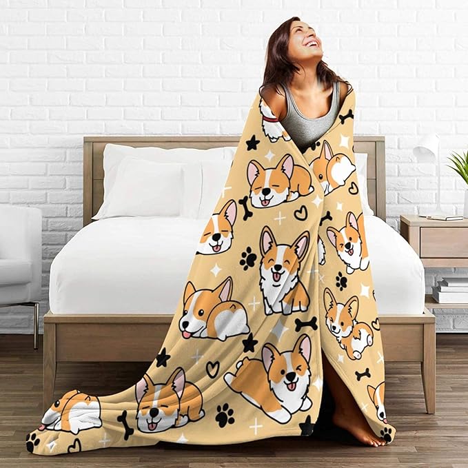Cute Corgi Blanket Puppy Dog Pattern Blankets Bedding Soft Lightweight Flannel Throw Blankets Gifts for Corgi Lovers Kids Adults 60"X50"