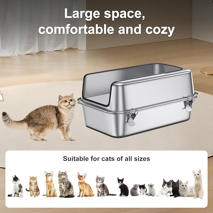 12" Deep Stainless Steel Cat Litter Box with Lid,XL Enclosed Cat Litter Box,Metal Litter Box Easy to Clean,Non-Stick Kitty Litter Box,Non-Stick Bottom & Includes Litter Mat & Metal Scoop