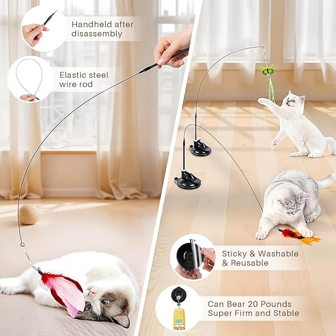 HONGDDY Cat Toys, 14Pcs 4 in 1 Indoor Adult Cat Interactive Toys, Hanging Door Kitten Wand Toys with Suction Cup Removable Feathers Balls Mice Butterfly Streamers