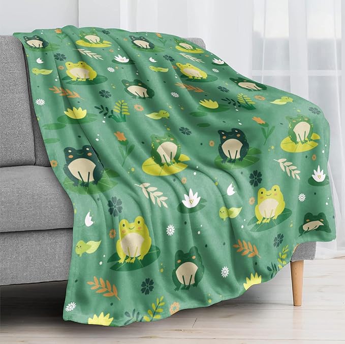 Cute Frogs Soft Flannel Lightweight Throw Blanket for Kids - All Season Cartoon Animal Blanket for Sofa, Couch, Bed - Decorative - 50x60 Inch