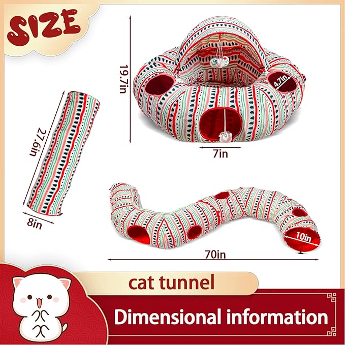 Cat Tunnels Bed for Indoor Cats-Donut Tubes, Adjustable Shape, Washable Circle Cushion, Pet Play Balls Toy and Holes, Red Atmosphere