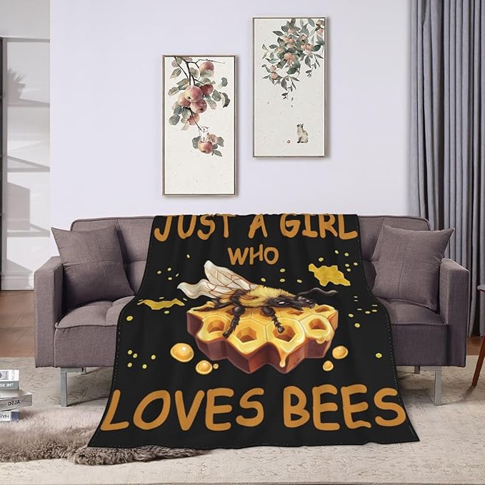Bees Throw Blanket - Just A Girl Who Loves Bees Decor Stuff Merch Cozy Print Flannel Fleece Soft Plush Fuzzy Warm Lightweight Bedding Gifts for Women Men Kids 50"X40"