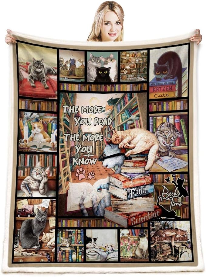 Book Lovers Gifts Throw Blanket,Cat Gifts for Cat Lovers Blanket,Cat Lover Gifts for Women,Gifts for Book Lovers, Soft Cat and Books Blanket for Sofa Couch Beds Decoration Christmas 50x60