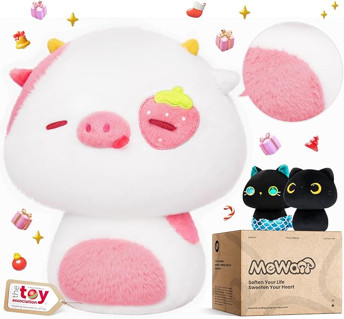 Squishy Cloud-Like Softness, Trending Kawaii Strawberry Cow Mushroom Plush Pillow, A Must-Have Collectible for Young Adults, Perfect for Kids, Toddlers Girls, Stuffed Animal (8")