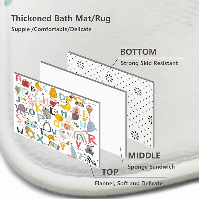 Cartoon Animal Alphabet Shower Curtain Sets, 4 Pcs Kids Educational Graphic ABC Learning Shower Curtain for Bath Curtain Set with Rugs,Cartoon Fun Facts Geography, with 12 Hooks(72X72in)