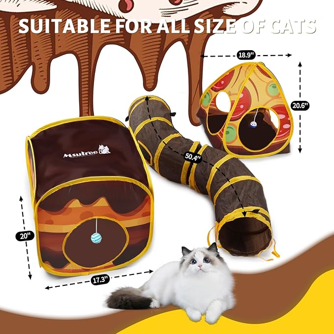 Cat Tunnel Toy and Cubes Combo Cat Tunnels for Indoor Cats Tube with Play Ball,Interactive Crinkle Collapsible Tent for Hiding Hunting and Resting, All in One Set of 3, Pizza