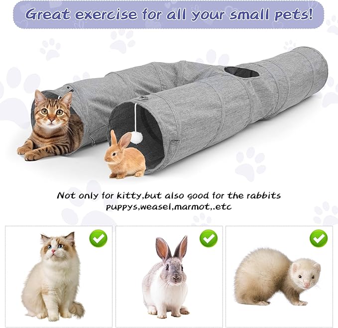 Cat Tunnel, Collapsible h-Shape Cat Tunnel Sturdy Oxford Fabric for Indoor Cats,Interactive Hanging Ball Pet Tunnel Tube with Cat Teaser Stick (Grey)