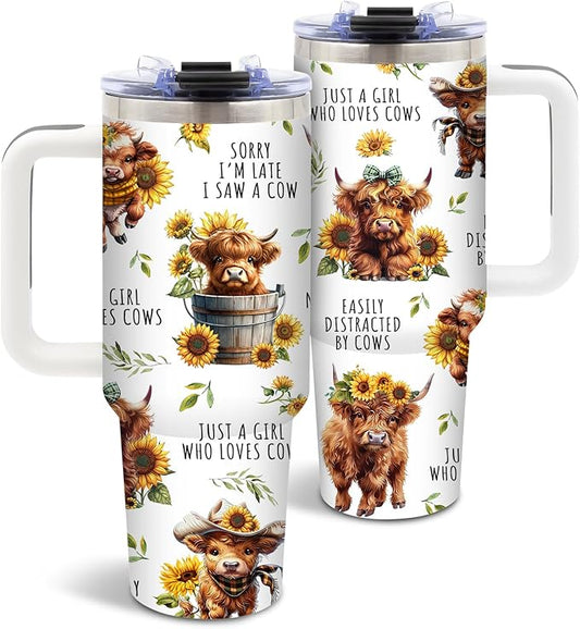 Highland Cow Gifts for Women, Cow Tumbler Flowers, Highland Cows Gift for Girls, Funny Cute Just A Girl Who Loves Cows, 40 Oz Tumbler with Handle