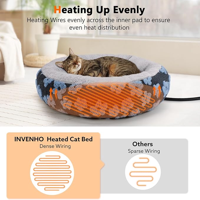 INVENHO Heated Cat Bed, Heated Cat Beds for Indoor Cats and Small Dogs, 20" Cozy Donut Heated Pet Bed with Timer & Temp Adjustable, Removable Waterproof Electric Warming Bed for Indoor Cat