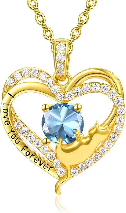 Birthstone Cat Necklaces,925 Sterling Silver Cat Necklace Heart Pendant for Women,Dainty Animal Jewelry for Her,Wedding Anniversary Birthday Gifts for Women Mom Grandma