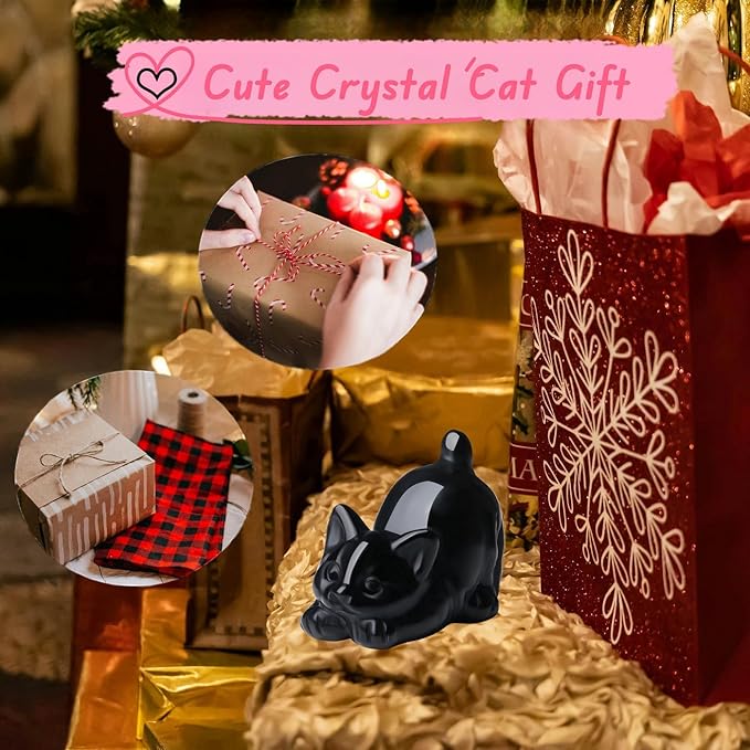 Black Obsidian Cat Statue Crystals and Healing Stones Carved Room Home Decor Figurines for Office Lazy Sculpture Stone Crystal Cute Art Decoration Gemstones Gifts for Cat Lovers Women Teacher