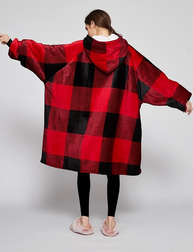 KFUBUO Wearable Blanket Hoodie for Adults Sherpa All Patterns Oversized Sweatshirt Blanket with Pockets for Women Red Plaid