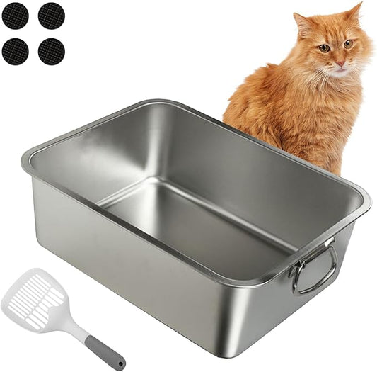 BNOSDM Large Cat Litter Box Stainless Steel 19.7"x13.8"x6" Metal Cat Litter Pan with Handles, High Sides Cats Toilet with Litter Sifting Scoop for Cats Rabbits