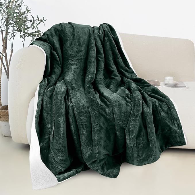 Elegant Comfort Reversible and Ultra-Plush Flannel Fleece Sherpa Throw- Lightweight Soft and Cozy- All Season Decorative Throw, Perfect for Lounging, 50 x 60 inches, Hunter Green