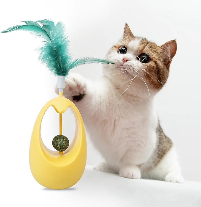 Catnip Toys for Cats with Feathers Tumbler Cat Toy with Edible Catnip Balls, Interactive Funny Toy Kitten Indoor Exercise/Plaything for All Breeds - Yellow