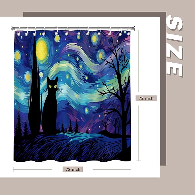 Black Cat Starry Night Shower Curtain,Inspired Bathroom Decor with Whimsical Galaxy Sky,Gothic Witchcore Aesthetic for Cat Lovers,Waterproof Curtain with Hooks, 72x72 Inches