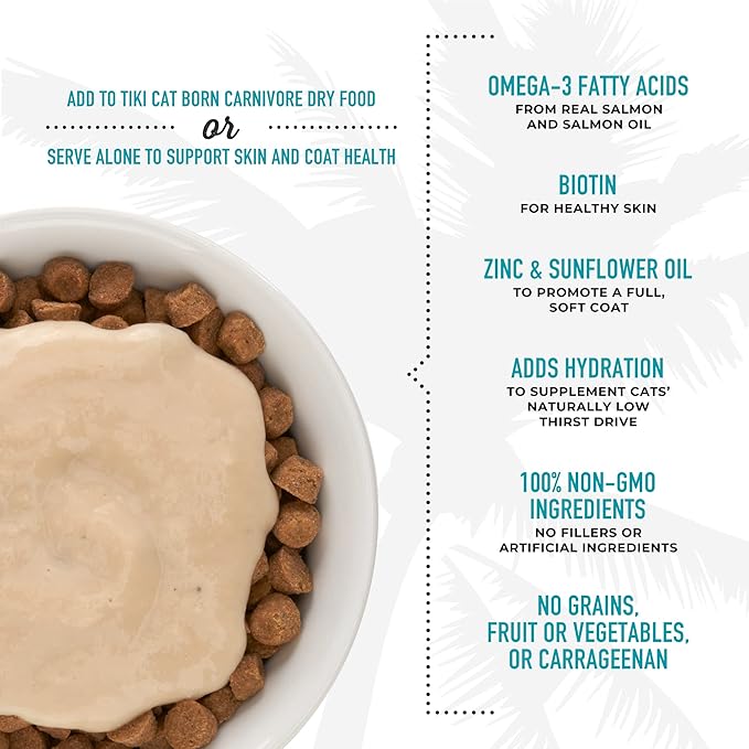 Tiki Cat Born Carnivore Functions Skin & Coat, Salmon Recipe in Broth, Formulated with Omega-3 and Biotin for Healthy Skin, Mousse Cat Food Topper, 1.5 oz. Pouch (12 Count)