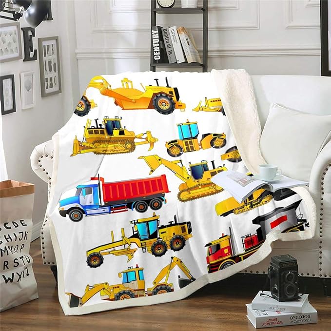Boys Excavator Car Fleece Blanket for Bed Sofa Couch Kids Cartoon Construction Truck Sherpa Throw Blanket Son Machinery Vehicles Print Plush Blanket Soft Lightweight Fuzzy BlanketThrow 50"x60"