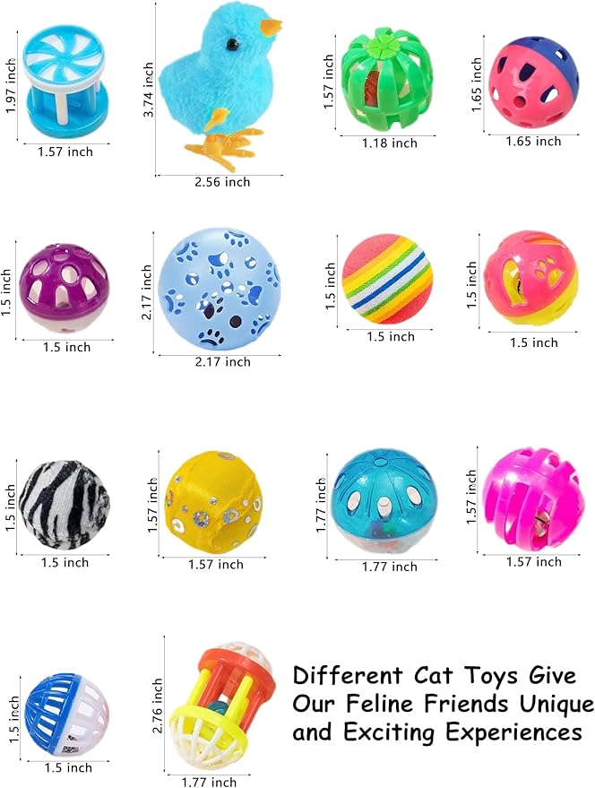 Cat Toys for Indoor Cats, 14 PCS Set with Wind-Up Chicken, Jingle Balls, and Catnip - Kitten Kitty Toy Pack for Playtime and Fun