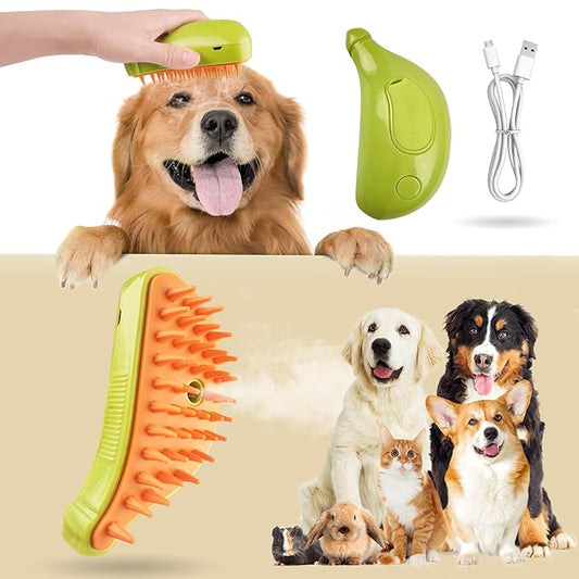 3in1 Cat Steam Brush,Multifunctional Rechargeable Cute Steamy Pet Brush for Short Or Long Hair Cats/Dogs To Massage/Clean/Eliminate Flying&Tangled Hair With USB Cable-Green Banana