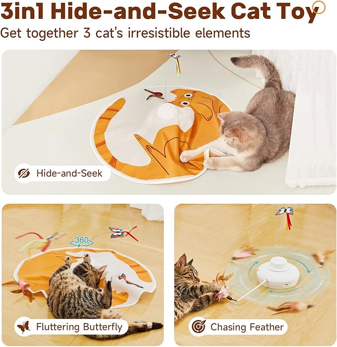 Potaroma Cat Toys Chargeable, 3in1 Hide and Seek Kitten Wand Toy, Automatic Interactive Cats Toy, Fluttering Butterfly, Moving Feather, Indoor Exercise Kicker 22.8 Inches Cover for All Breeds