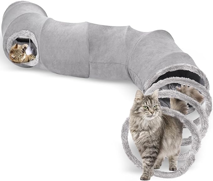 S-2-Way Cat Tunnel for Indoor Cats - 59x10Inches,Collapsible Cat Play Tunnel, Interactive Toy with 2 Hidden-Exits&Hanging Balls, Cat Spiral Tunnel for Cats, Puppy, Kitty, Kitten, Rabbit (Gray)
