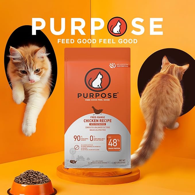 PURPOSE Natural Dry Cat Food, Grain Free Dry Cat Food, Protein Rich Indoor Cat Food for All Breeds and Life Stages, Free-Range Chicken Recipe with Postbiotics, 4.5lb Bag, USA Made…