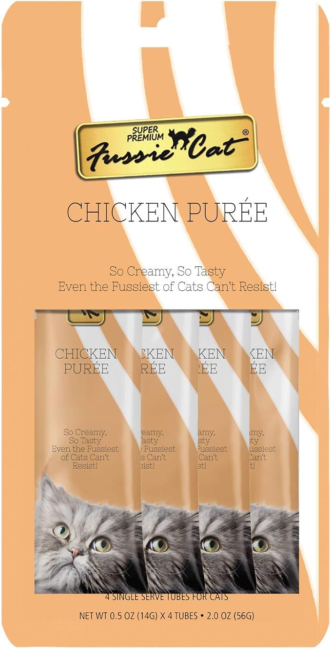 Fussie Cat Chicken Puree, lickable cat treats, 0.5oz pouch 4 Count (Pack of 1)