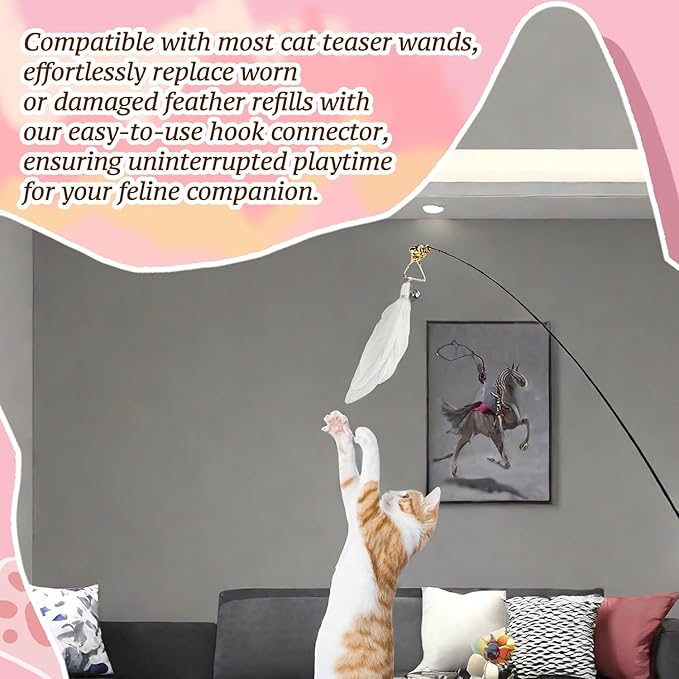 BOROLA 3 PCS Cat Feather Teaser Replacement Heads, Cat Wand Replacement Feathers with Bell, Interactive Cat Toy Attachments for Indoor Cats, DIY Cat Accessories(White, Black, Multi-Colored)