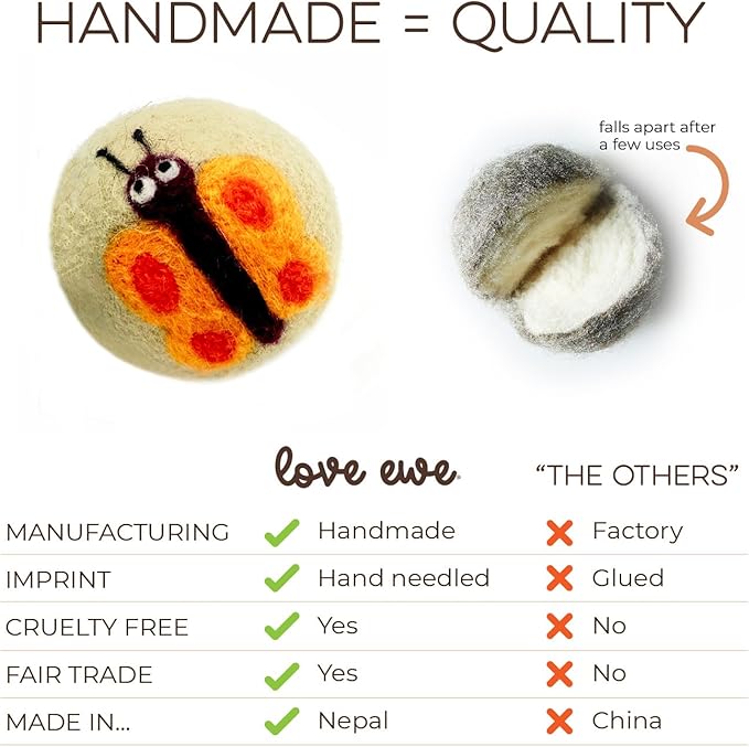Hustle & Blush Wool Felt Balls 3 Pack Love Ewe Pet Supplies 2" Felted Wool Cat Toys 100% New Zealand Wool Felt Cat Toys Handmade Wool Felt Balls, Colorful Wool Balls for Cats - Dragonfly and Butterfly