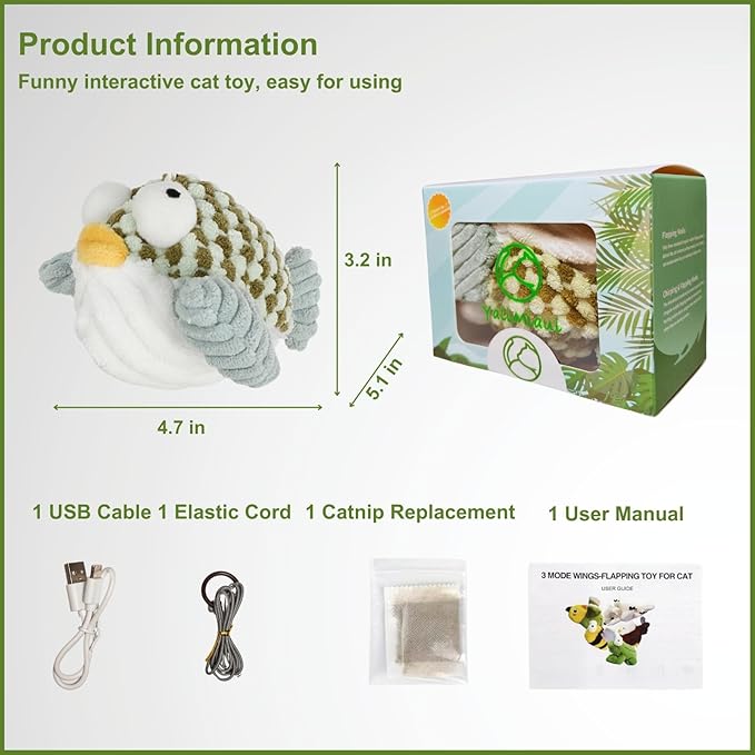 Interactive Flapping Bird Cat Toys, Rechargeable, Touch Activated, Catnip, Chirping Bird Toys for Indoor Cats and Kittens (Puffer Fish)