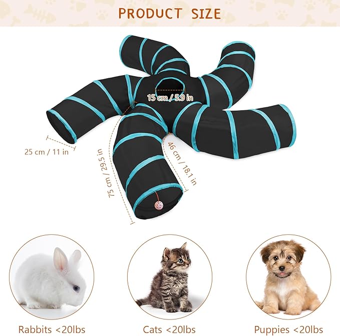 Cat Tunnels for Indoor Cats, 5 Way Cat Tubes and Tunnels Collapsible S-Shaped Cat Toys, Kitty Tunnels with Play Ball, Interactive Pet Tube Toys for Puppy, Kitty, Kitten, Rabbit, Blue & Black