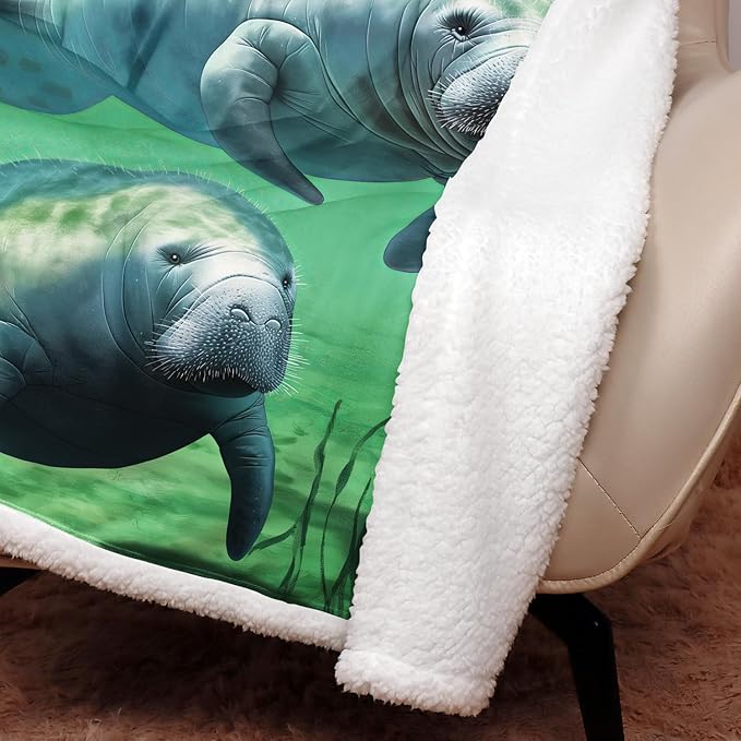 Manatee Family Sherpa Blanket, Animal Print Fleece Throw Blankets for Couch Sofa Bed, Super Soft Warm and Lightweight, 50" x 60"