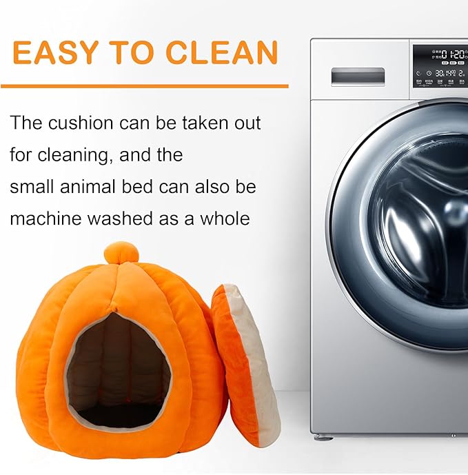 Cat Bed for Indoor Cats, Cute Pumpkin Style Cat Cave Bed Cat House Tent with Removable Cushion Soft Fluffy Pet Bed for Kitten Small Cat Rabbit Bunny (Orange)