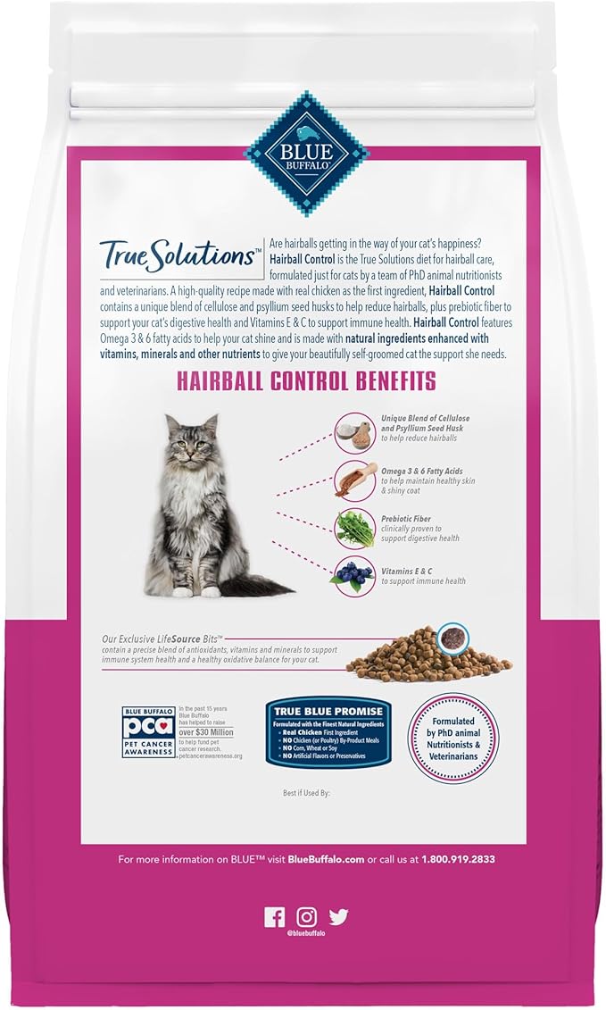 Blue Buffalo True Solutions Hairball Control Natural Dry Food for Adult Cats, Chicken, 11-lb. Bag