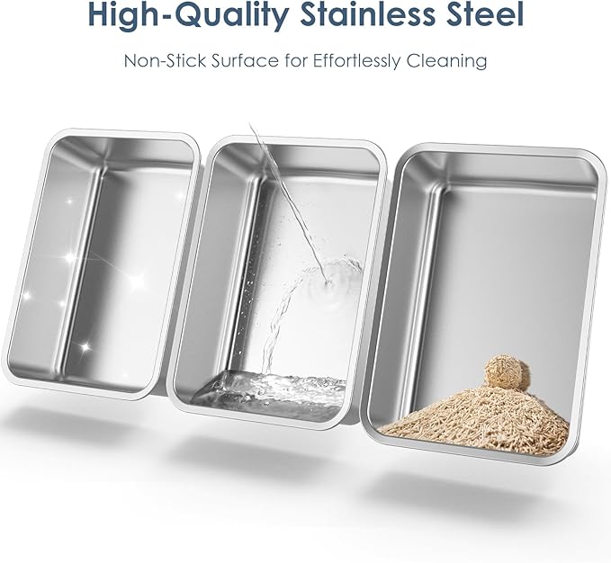 3 Pack 19.6"x13.7"x6" Stainless Steel Litter Box with 26L Litter Capacity, High Sides Large Cat Litter Box for Multi-Cats, Metal Litter Box with Footboard, Non Stick Litter Pan Litter Tray