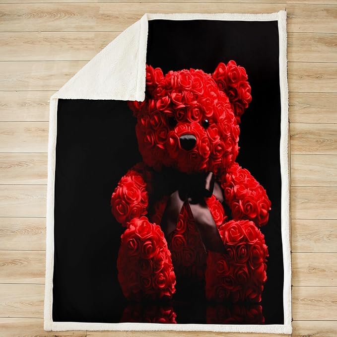 Roses Sherpa Blanket Red Bear Fleece Throw Blanket for Sofa Couch Bed Rose Floral Print Plush Blanket Ultra Soft Decor Gift Romantic Flowers Pattern Fuzzy Blanket Twin 60x80 Inch