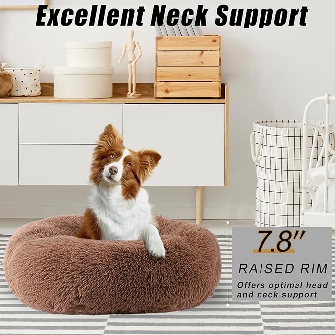 Calming Dog Bed, Dog Beds Fits up to 45 lbs Pets, Fluffy Donut Dog & Cat Bed Washable, Round Anti Anxiety Dog Bed, Small Dog Bed with Non-Slip Bottom (Khaki, 31" x 31")