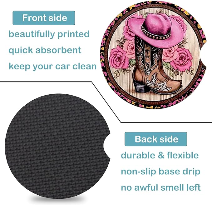 Car Coasters for Cup Holders,2 Pack Western Cowboy Hat Boots Car Coasters,2.75" Universal Size Anti Slip Rubber Mat,Automotive Cup Holder Decal Decor Accessories,Gifts for Women,Men,Mom