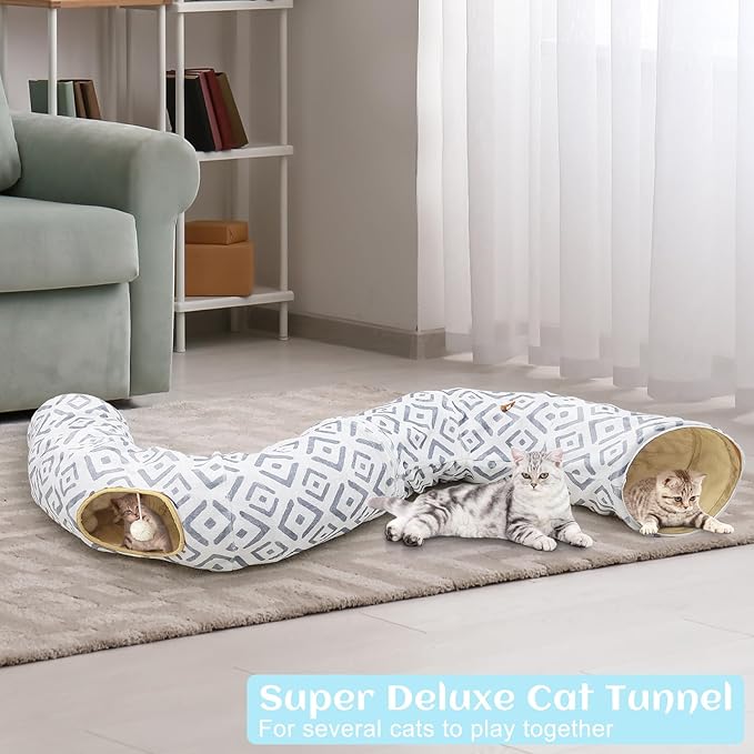 Cat Tunnel Bed, Bienbee Cat Tunnel 2 in1 S-Shape Foldable Cat Tunnels for Indoor Cats Large, Cat Tubes Peekaboo Cat Cave for Cats Guinea Pig Rabbit Grey Grid