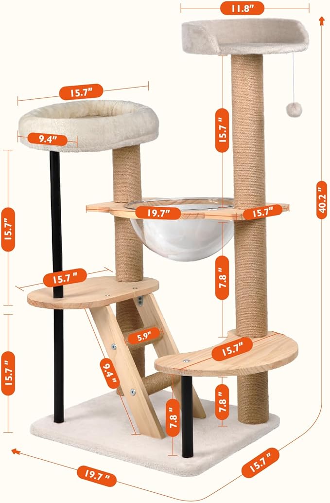 Cat Tree Tower Wood - 40inch Multi-Level Modern Cat Tower with Plush Perch, Cat Box with Large Space Capsule, Platforms, Sisal Scratching Posts, Removable Cushions for Small Cats (Natural)
