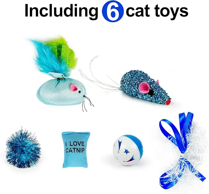 Cat Toys Kitten Toys Set, Cat Scratching pad with Catnip,Cat Wand Toy,Interactive Kitty Toys Cat Feather Toy Catnip Toy Fluffy Mouse Crinkle Balls for Cat Kitty Kitten (Blue)…