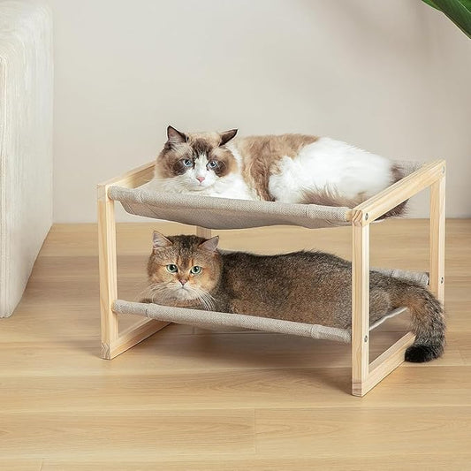 Cat Hammock, Dog Bed, Cat Beds for Indoor Cats, Pine Wood Double Cat Bed, 2 Tier Elevated Cat Bed with Breathable & Washable Covers, 20 x 16.5 x 13 Inch