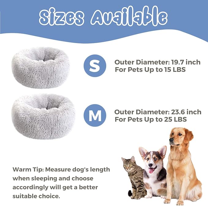 Round Donut Cat and Dog Cushion Bed, Pet Bed for Cats or Small Dogs, Anti-Slip & Water-Resistant Bottom, Super Soft Durable Fabric Pet Beds, Washable Luxury Cat & Dog Bed Light Grey 19.7'