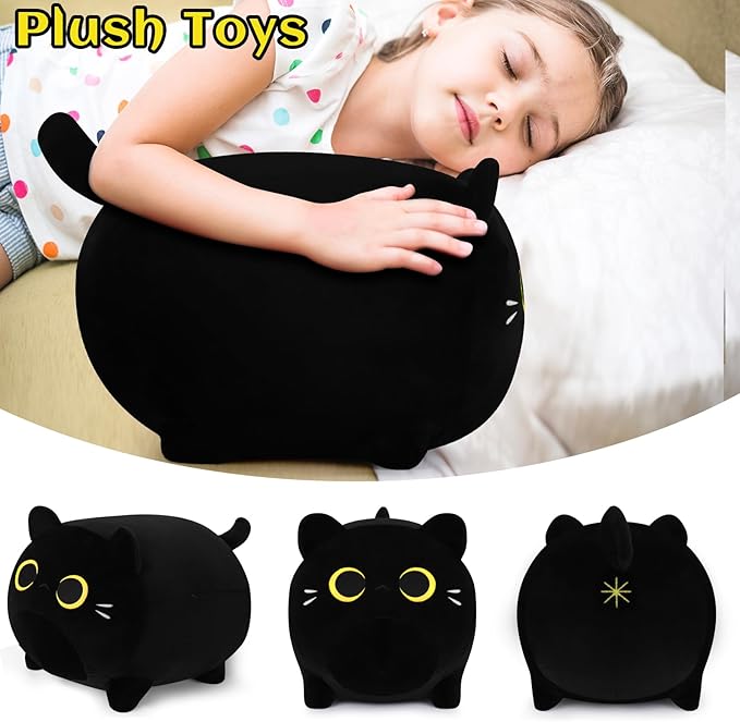 Black Cat Plush Pillow - 20'' Plushie, Gold Eyes, Anime Cat Plush, Cute Stuffed Animal, Birthday Gift for Kids